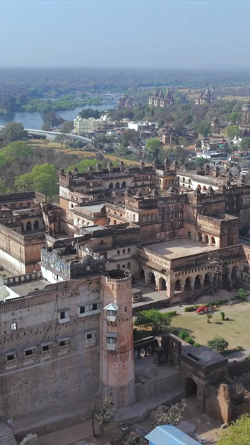 Vertical Aerial View of Historic Temples and Heritage Architecture in Orchha, Madhya Pradesh
