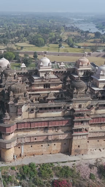Vertical Aerial View of Historic Temples and Heritage Architecture in Orchha, Madhya Pradesh