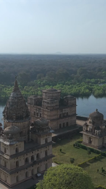 Vertical Aerial View of Historic Temples and Heritage Architecture in Orchha, Madhya Pradesh