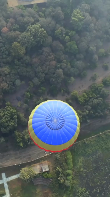 Vertical Aerial View of Hot Air Balloon Over Rural Landscape Sanchi Madhya Pradesh