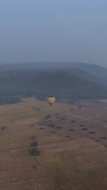 Vertical Aerial View of Hot Air Balloon Over Rural Landscape Sanchi Madhya Pradesh