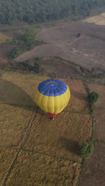 Vertical Aerial View of Hot Air Balloon Over Rural Landscape Sanchi Madhya Pradesh