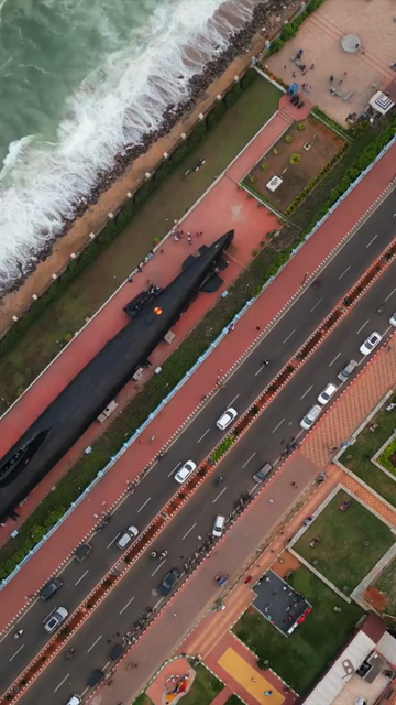 Vertical Aerial View of INS Kursura Submarine Museum and RK Beach Road in Visakhapatnam India