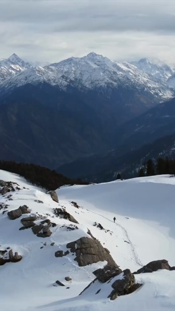 Vertical Aerial View of Kedarkantha Trek Snow Camp and Himalayan Mountains Uttarakhand