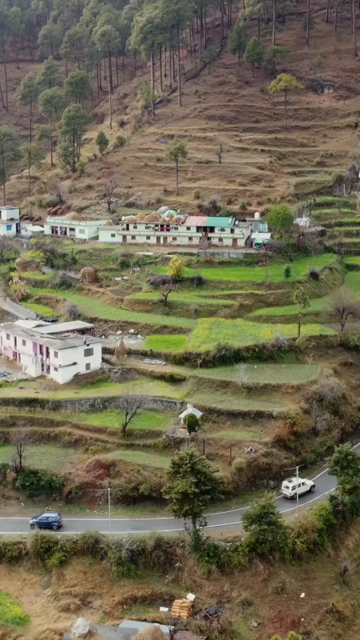 Vertical Aerial View of Kedarkantha Trek Landscape and Terraced Villages Uttarakhand India
