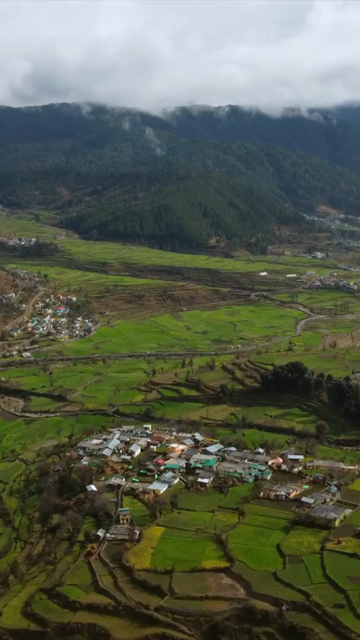Vertical Aerial View of Kedarkantha Trek Landscape and Terraced Villages Uttarakhand India