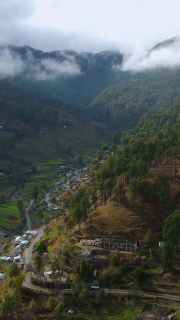 Vertical Aerial View of Kedarkantha Trek Landscape and Terraced Villages Uttarakhand India