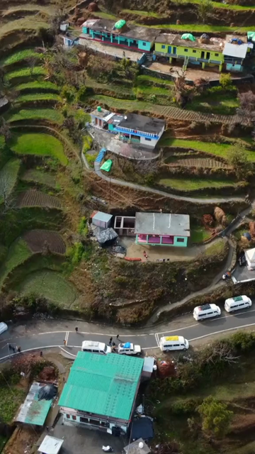 Vertical Aerial View of Kedarkantha Trek Landscape and Terraced Villages Uttarakhand India