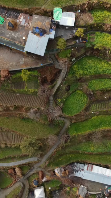 Vertical Aerial View of Kedarkantha Trek Landscape and Terraced Villages Uttarakhand India