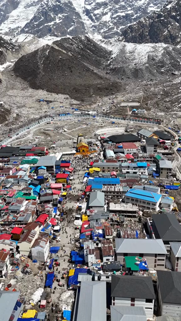 Vertical Aerial View of Kedarnath Temple and Pilgrims Uttarakhand India