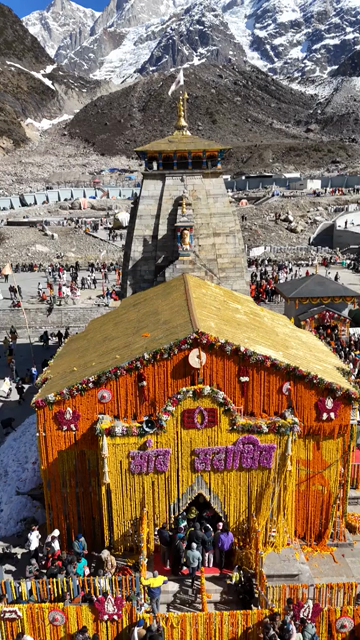 Vertical Aerial View of Kedarnath Temple and Pilgrims Uttarakhand India