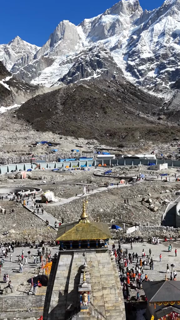 Vertical Aerial View of Kedarnath Temple and Pilgrims Uttarakhand India