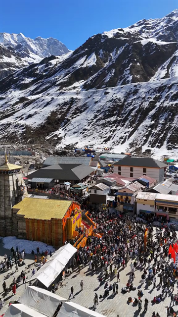 Vertical Aerial View of Kedarnath Temple and Pilgrims Uttarakhand India