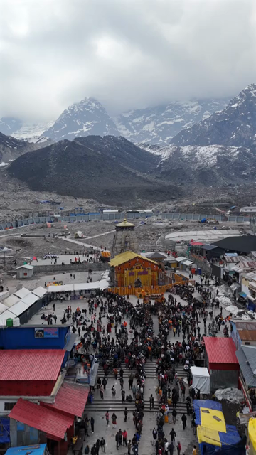 Vertical Aerial View of Kedarnath Temple and Pilgrims Uttarakhand India