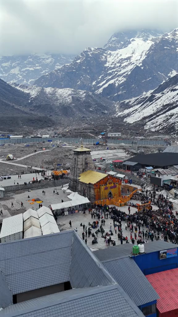 Vertical Aerial View of Kedarnath Temple and Pilgrims Uttarakhand India