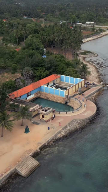 Vertical Aerial View of Keerimalai Sacred Pond and Naguleswaram Temple Jaffna Sri Lanka