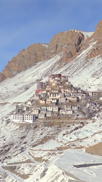 Vertical Aerial View of Key Monastery in Snow Covered Spiti Valley Himachal Pradesh