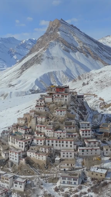 Vertical Aerial View of Key Monastery in Snow Covered Spiti Valley Himachal Pradesh