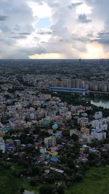 Vertical Aerial View of Kolkata City and Lakes, West Bengal, India