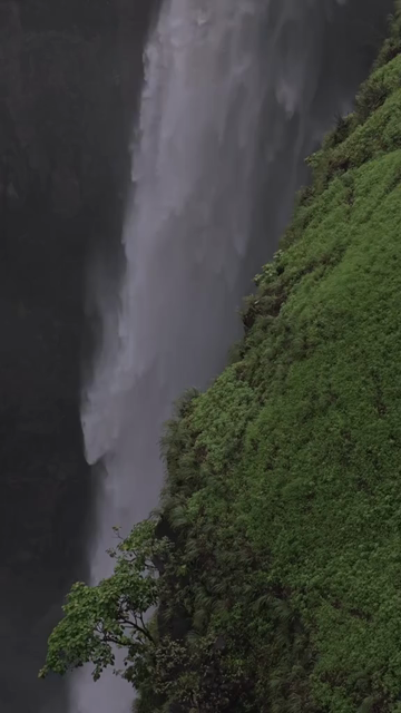Vertical Aerial View of Kumbhe Waterfall and Misty Cliffs Maharashtra