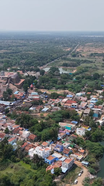 Vertical Aerial View of Kundrakudi Murugan Temple During Temple Chariot Festival in Sivaganga Tamil Nadu India