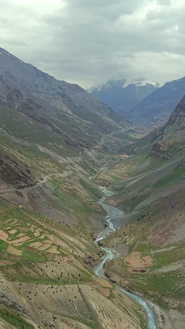 Vertical Aerial View of Ladakh Valley and Mountain River, India