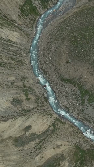 Vertical Aerial View of Ladakh Valley and Mountain River, India