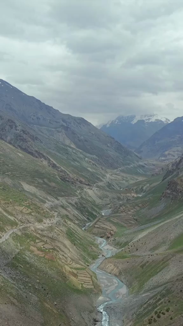 Vertical Aerial View of Ladakh Valley and Mountain River, India