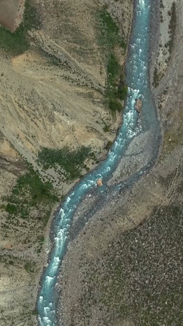 Vertical Aerial View of Ladakh Valley and Mountain River, India