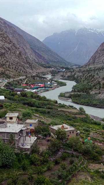 Vertical Aerial View of Ladakh Valley and Mountain River, India