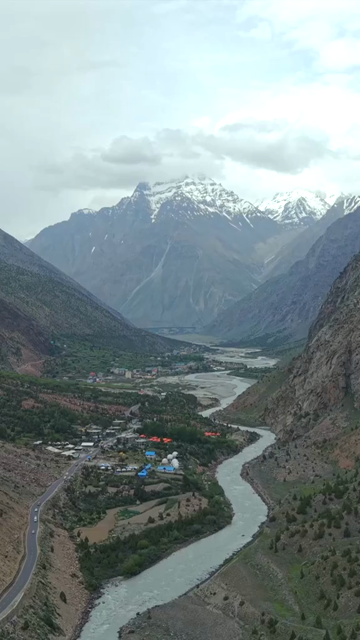 Vertical Aerial View of Ladakh Valley and Mountain River, India