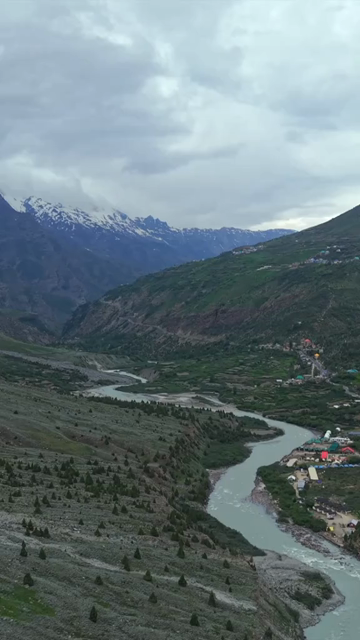 Vertical Aerial View of Ladakh Valley and Mountain River, India