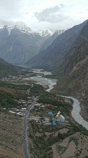 Vertical Aerial View of Ladakh Valley and Mountain River, India