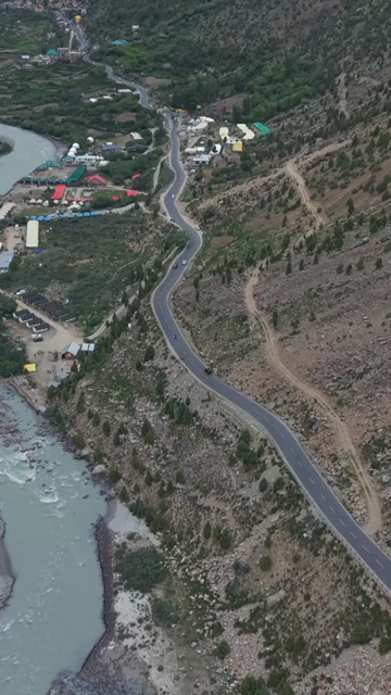 Vertical Aerial View of Ladakh Valley and Mountain River, India