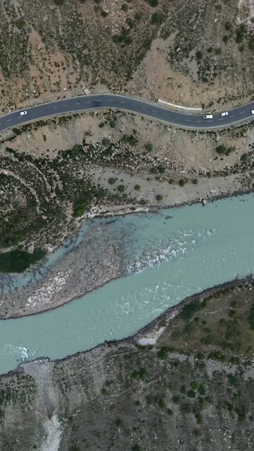 Vertical Aerial View of Ladakh Valley and Mountain River, India