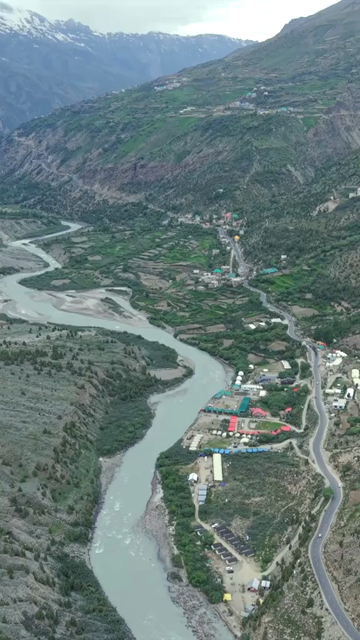 Vertical Aerial View of Ladakh Valley and Mountain River, India