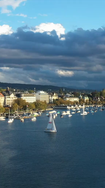 Vertical Aerial View of Lake Zurich and Sailboat in Switzerland
