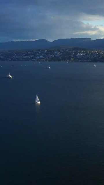 Vertical Aerial View of Lake Zurich and Sailboat in Switzerland