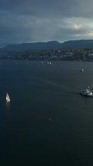Vertical Aerial View of Lake Zurich and Sailboat in Switzerland