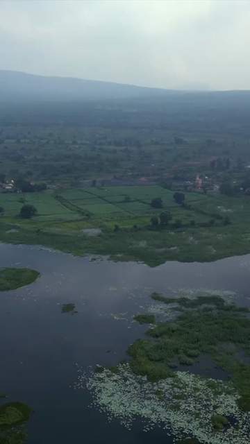 Vertical Aerial View of Lake and Rural Landscape in Madhya Pradesh India