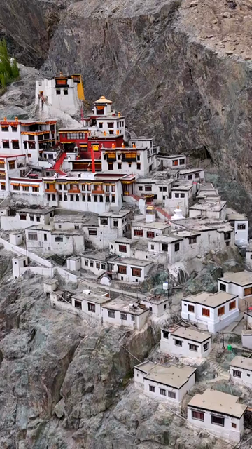 Vertical Aerial View of Lamayuru Monastery Built on Rocky Mountains in Ladakh India