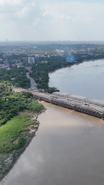 Vertical Aerial View of Old Yamuna Bridge Lohapul Delhi India During High Water Levels