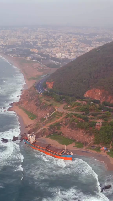 Vertical Aerial View of MV Maa Shipwreck on Yarada Beach in Visakhapatnam India