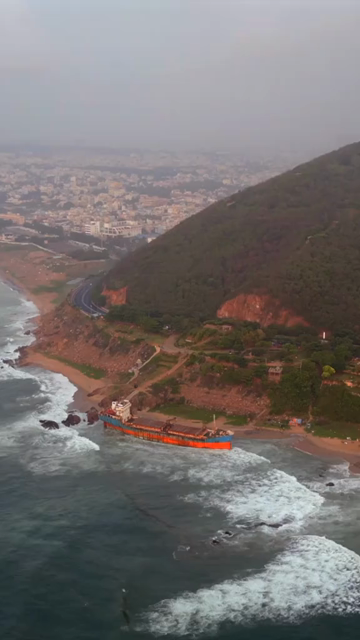 Vertical Aerial View of MV Maa Shipwreck on Yarada Beach in Visakhapatnam India