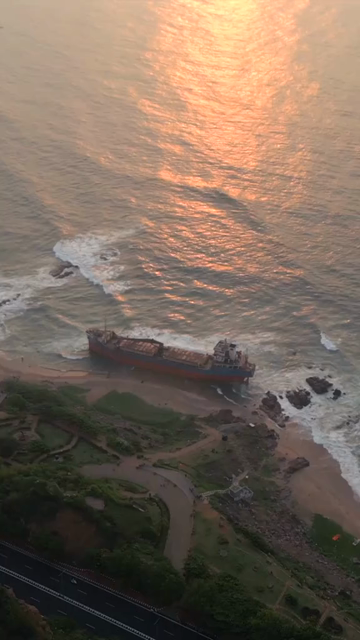 Vertical Aerial View of MV Maa Shipwreck on Yarada Beach in Visakhapatnam India