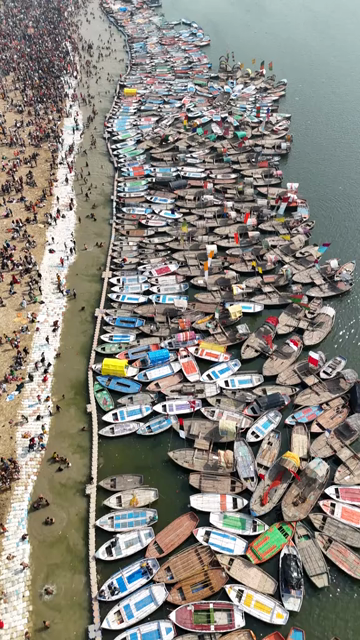 Vertical Aerial View of Pilgrims Gathering at Maha Kumbh Mela in Prayagraj India