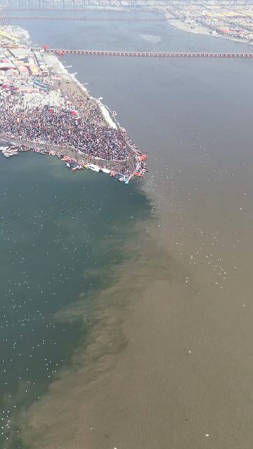 Vertical Aerial View of Pilgrims Gathering at Maha Kumbh Mela in Prayagraj India