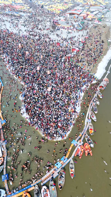 Vertical Aerial View of Pilgrims Gathering at Maha Kumbh Mela in Prayagraj India