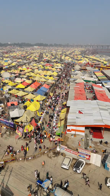 Vertical Aerial View of Pilgrims Gathering at Maha Kumbh Mela in Prayagraj India