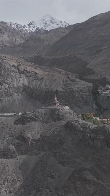 Vertical Aerial View of Maitreya Buddha Statue at Diskit Monastery, Ladakh